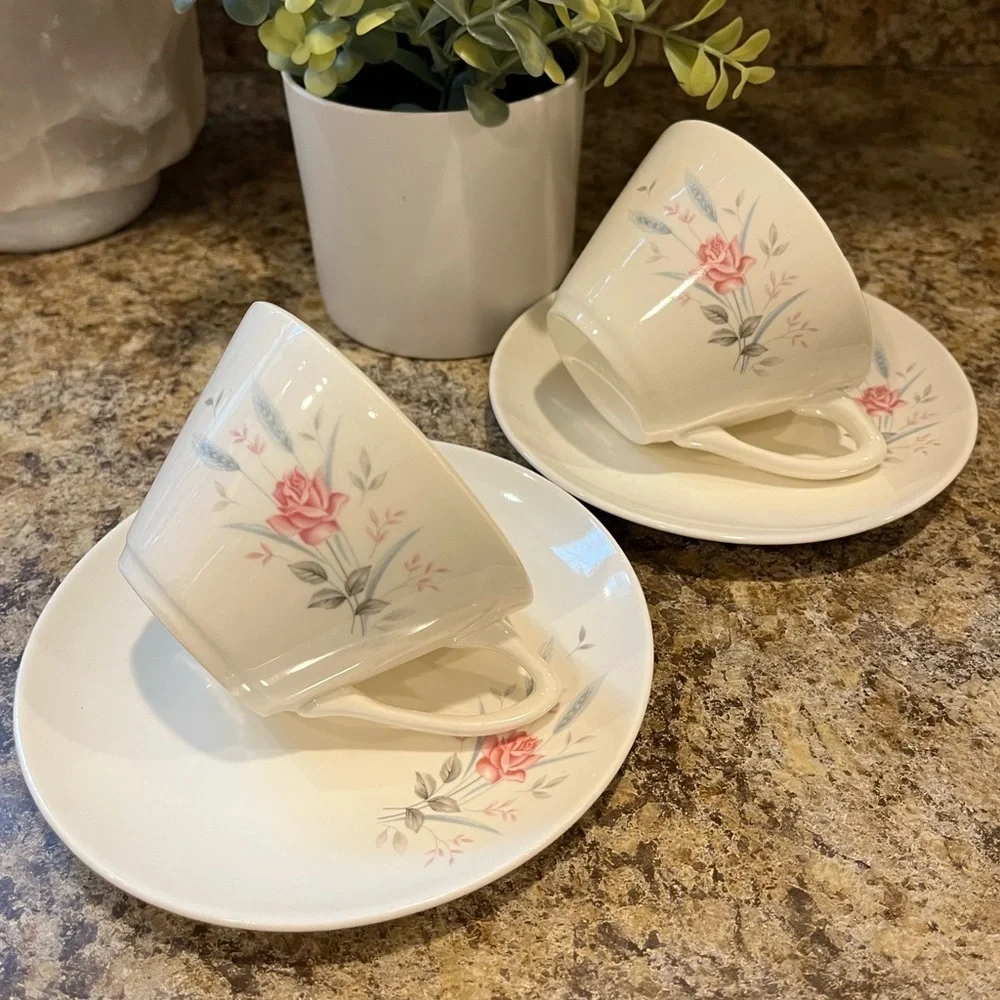 Vintage California Pottery USA Tea Cup and Saucer Pink Rose Grey Wheat Pattern